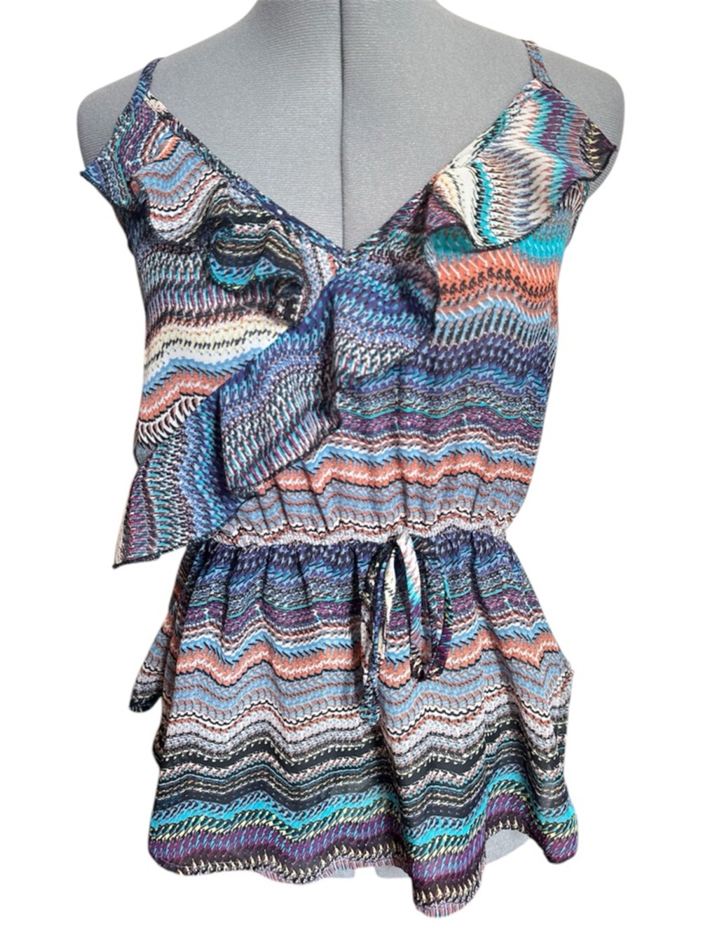 Cotton Express Y2K Ruffle Tie-Waist Cami Top Multicolor Tribal Print Abstract